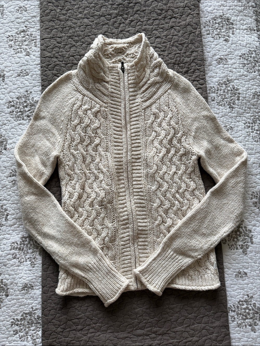 REI Cream Cable-Knit Zip Front Sweater Cardigan